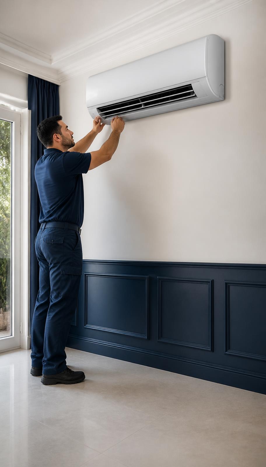 Técnico especializado instalando ar-condicionado split em residência