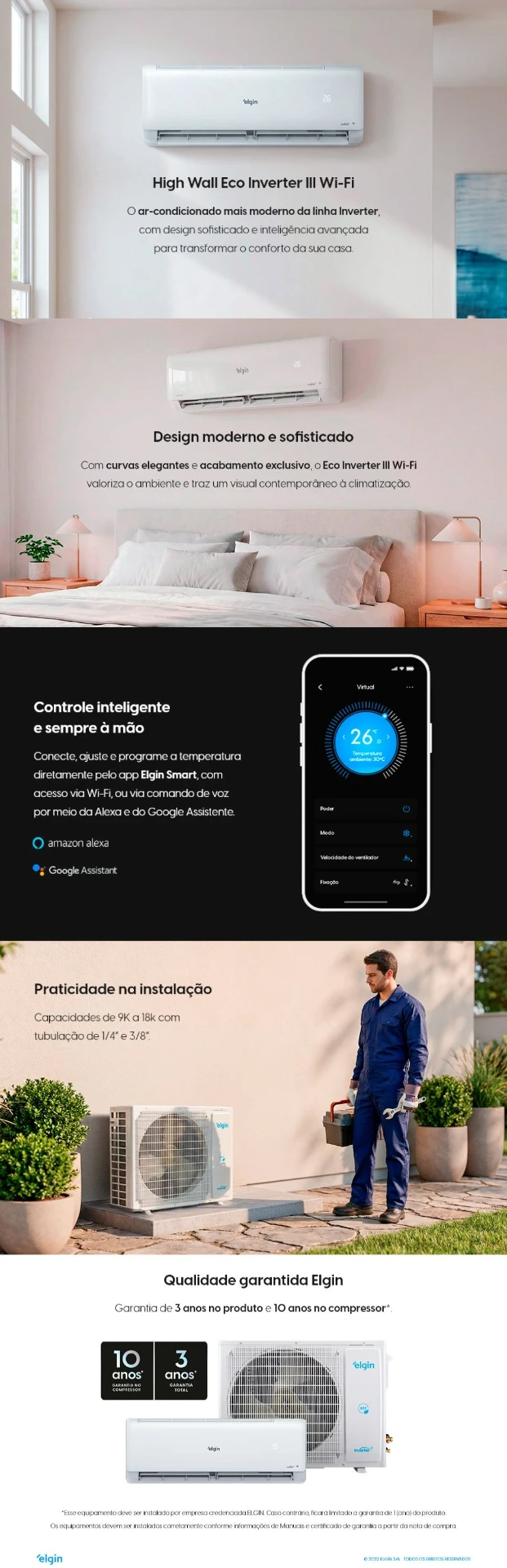 Ar Condicionado Split Hi Wall - Inverter R-32 - Elgin - Eco III - WiFi - 9.000 BTUs - Frio - 220V Monofásico — informações do fabricante